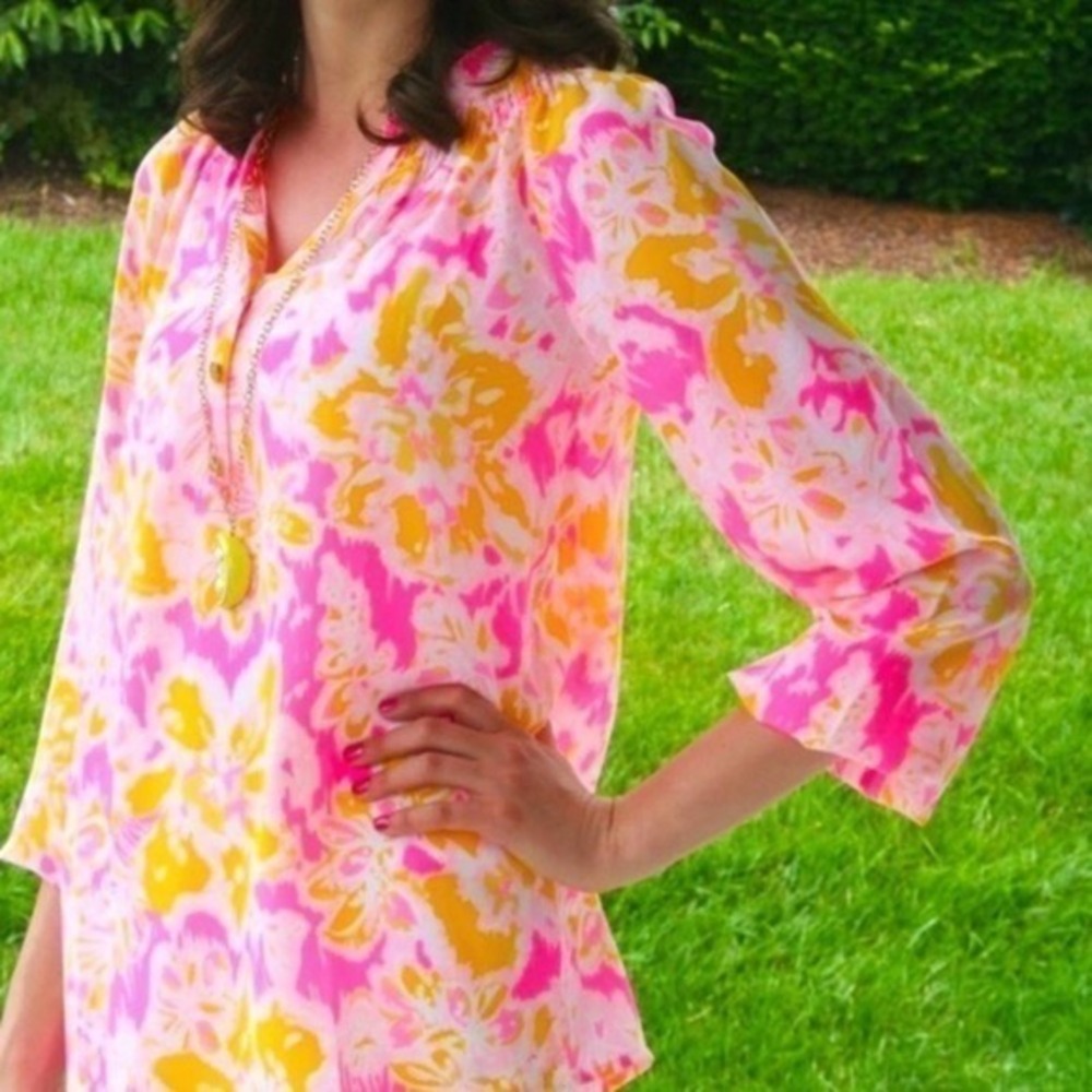 Lilly Pulitzer Elsa Silk Top in Ooh La La Pink Yellow Floral Size XS